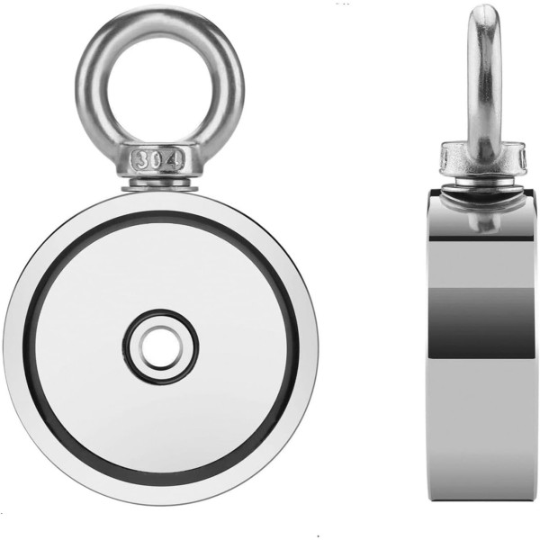 Magnet neodim oală D 48 mm cu două cârlige inelare și două fețe x 70 kg - magnet fishing - față lateral