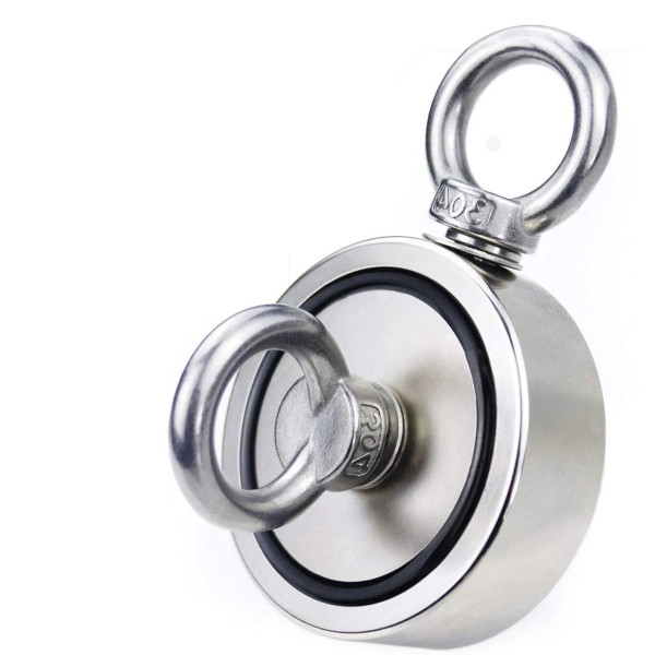 Неодимов магнит тенджера Ø48 мм с две пръстеновидни куки и две страни x 70 кг - магнитен риболов