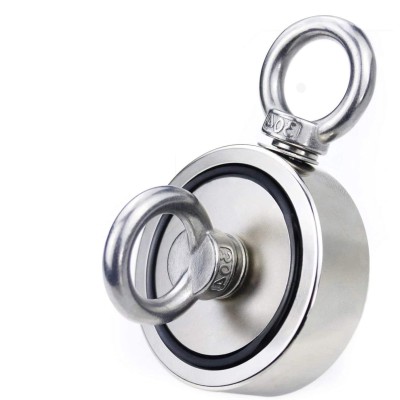 Magnet neodim oală D 48 mm cu două cârlige inelare și două fețe x 70 kg - magnet fishing