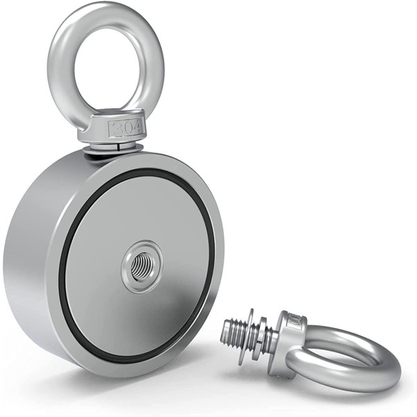 Неодимов магнит тенджера Ø48 мм с две пръстеновидни куки и две страни x 70 кг - магнитен риболов разглобен