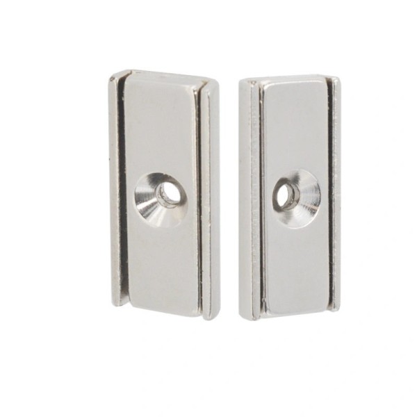 Неодимов магнит блок тип тенджера 30 x 13,5 мм с дупка Ø 3,3 мм и фаска Ø 6,5 мм, две броя