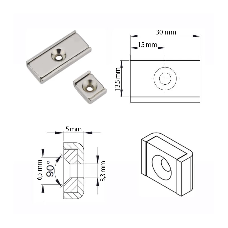 Magnet neodim bloc 30 x 13,5 mm, tip oală, dreptunghiular, cu gaură D 3,3 și șanfren D 6,5 - schema