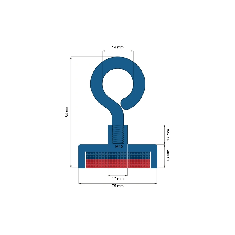 Magnet neodim oala D75 mm cu cârlig inelar cu guler - schemă