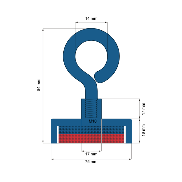 Magnet neodim oala D75 mm cu cârlig inelar cu guler - schemă
