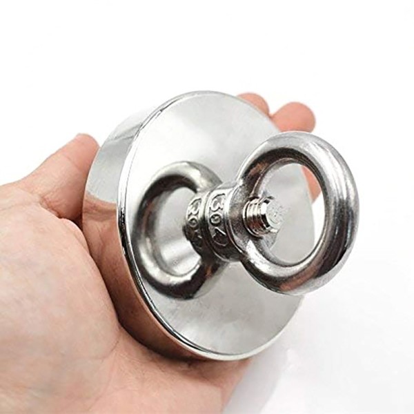 Неодимов магнит тенджера Ø75 мм с пръстеновидна кука - риболов в дланта на ръката, наклонен