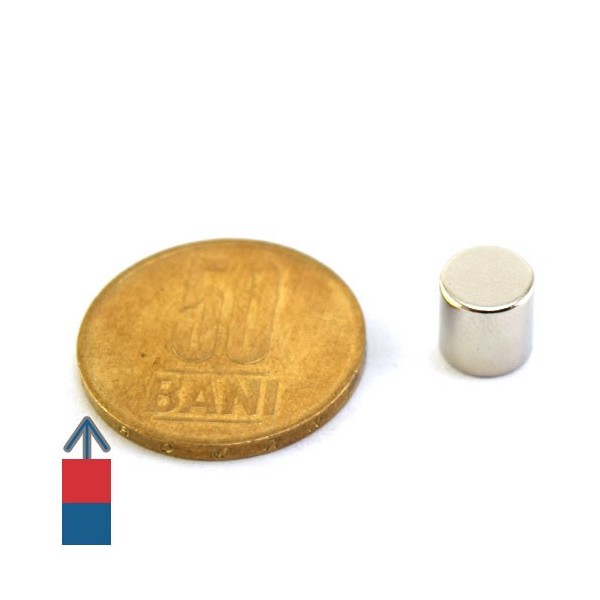 Неодимов магнит цилиндър 08 x 08 мм с намагнитване и монета 50 стотинки