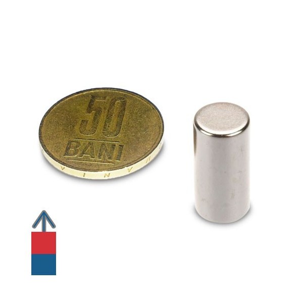 Неодимов магнит цилиндър 10 x 20 мм с намагнитване и монета 50 стотинки