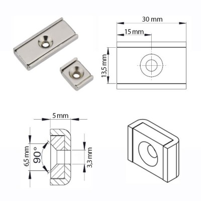 Magnet neodim bloc 30 x 13,5 mm, tip oală, dreptunghiular, cu gaură D 3,3 și șanfren D 6,5 - schema