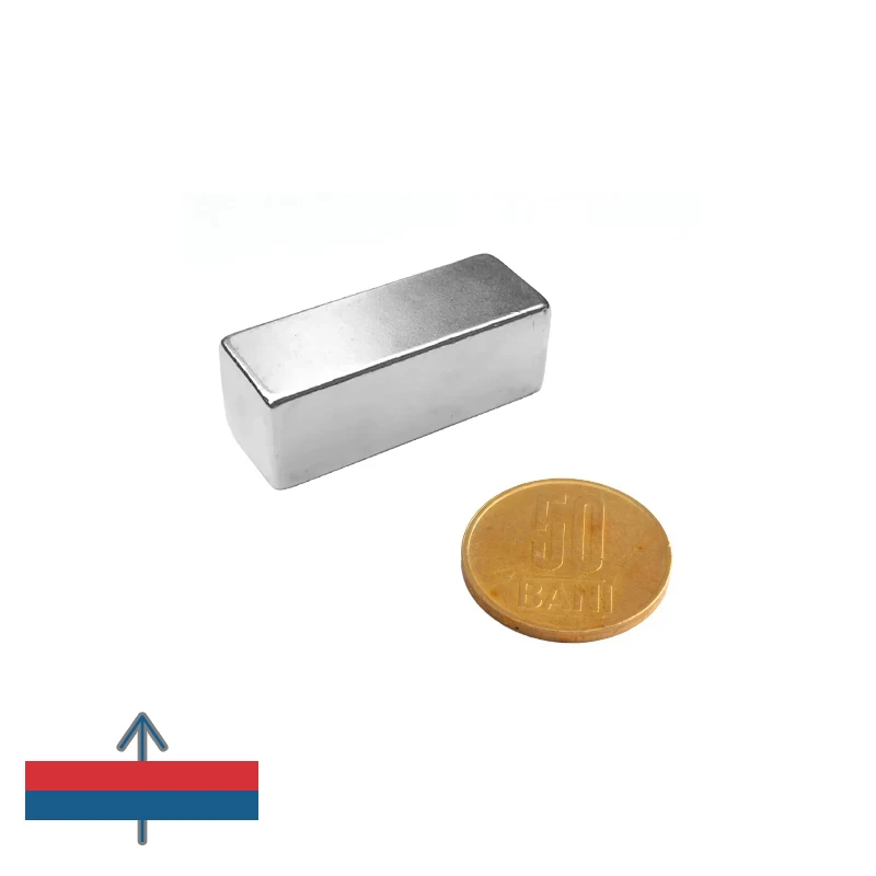 Magnet neodim bloc 40 x 15 x 15 mm N52 cu magnetizare si moneda de 50 bani