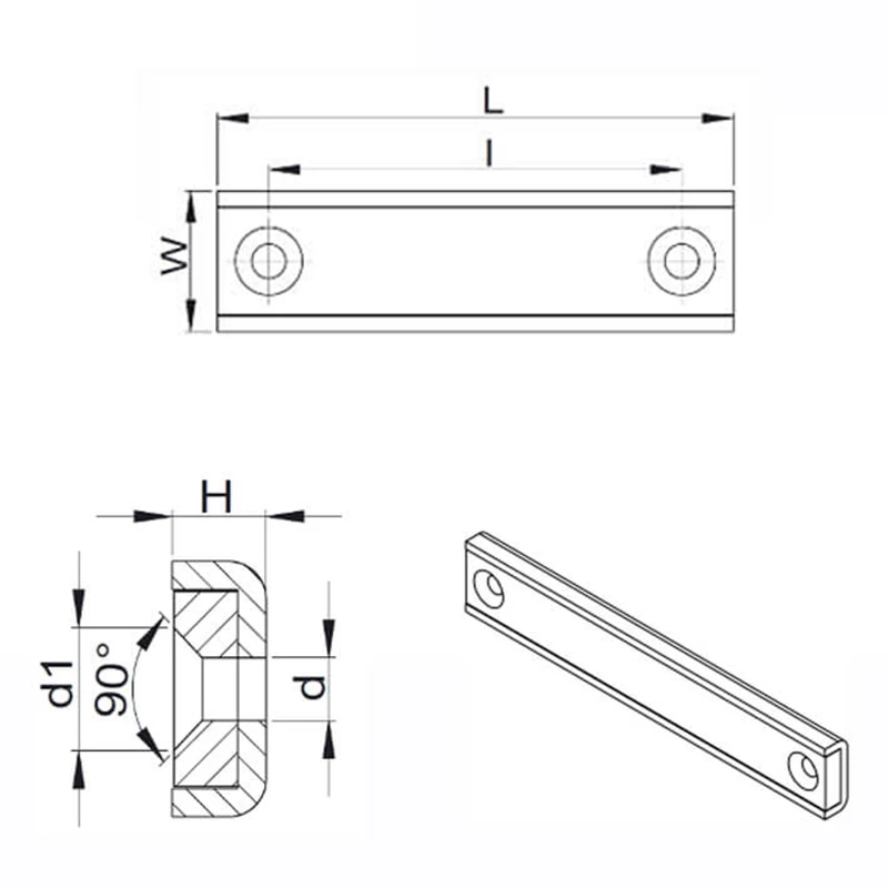 Magnet neodim bloc 60 x 13,5 x 5 mm, tip oală, dreptunghiular, cu 2 găuri D 3,3 și șanfren D 6,5 - schema