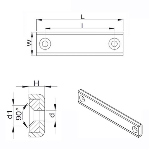 Magnet neodim bloc 100 x 13,5 x 5 mm, tip oală, dreptunghiular, cu 2 găuri D 3,3 și șanfren D 6,5 - schema