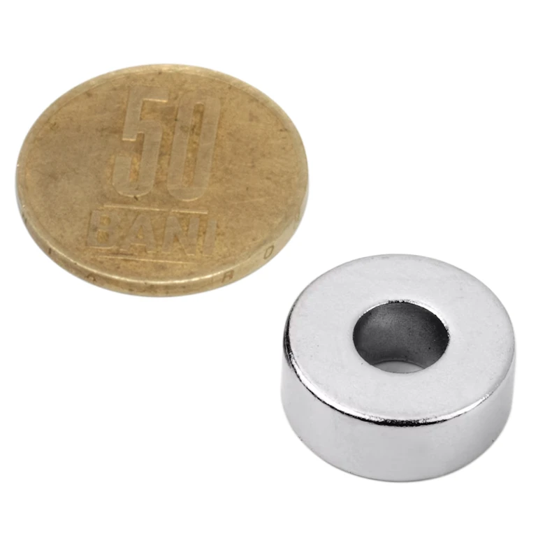 Magnet neodim inel 19 x 6 x 6 mm - cu moneda de 50 bani