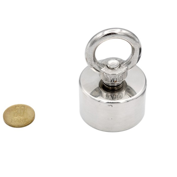 Magnet fishing 360° D 50 x H 30 mm - forță 180/45 kg - cu moneda de 50 bani