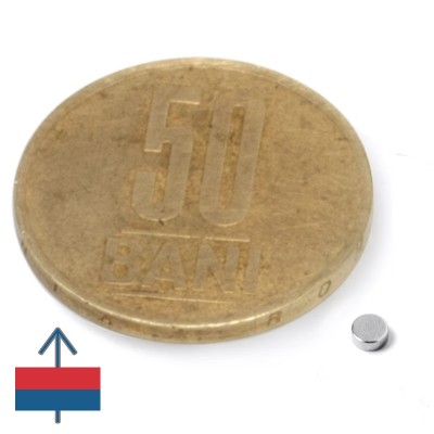 Magnet neodim disc 2,5 x 1 mm N52 - cu magnetizare și moneda de 50 bani