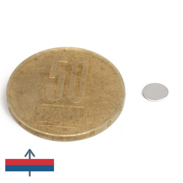 Magnet neodim disc 5 x 0,5 mm N52 - cu magnetizare și moneda de 50 bani