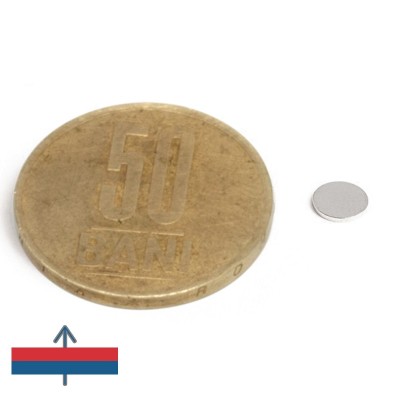 Magnet neodim disc 5 x 0,5 mm N52 - cu magnetizare și moneda de 50 bani