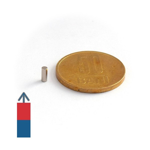 Неодимов магнит цилиндър 2 x 5 мм - N50 с намагнитване