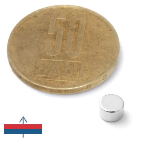 Неодимов магнит диск 5 x 3 mm N52 с намагнитване и монета 50 стотинки