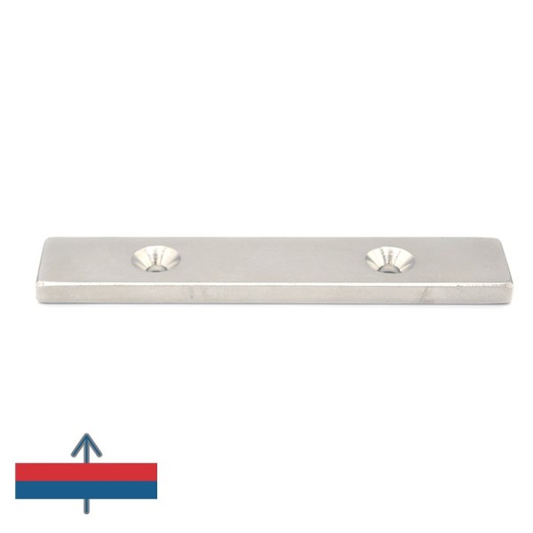 Magnet neodim bloc 100 x 20 x 5 mm cu găuri îngropate D4,5 / D9,46 - magnetizare