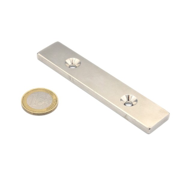 Magnet neodim bloc 100 x 20 x 5 mm cu găuri îngropate D4,5 / D9,46 - cu moneda de un euro