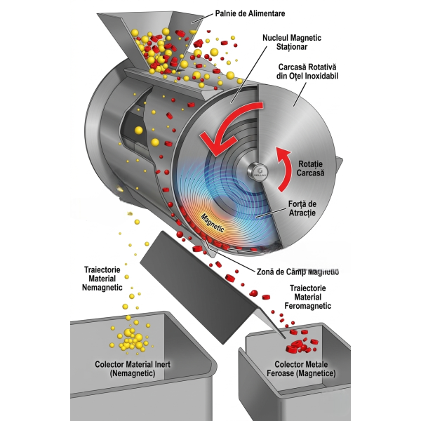 Tambur magnetic half 1000 x 400 mm cu magneți din ferită pentru separare magnetică mod de funcționare