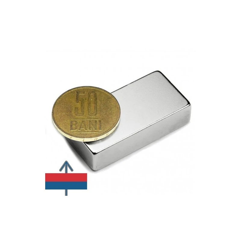 Magnet neodim bloc 40 x 20 x 10 mm cu moneda de 50 bani