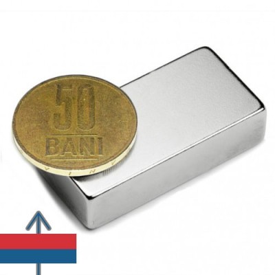 Magnet neodim bloc 40 x 20 x 10 mm cu moneda de 50 bani