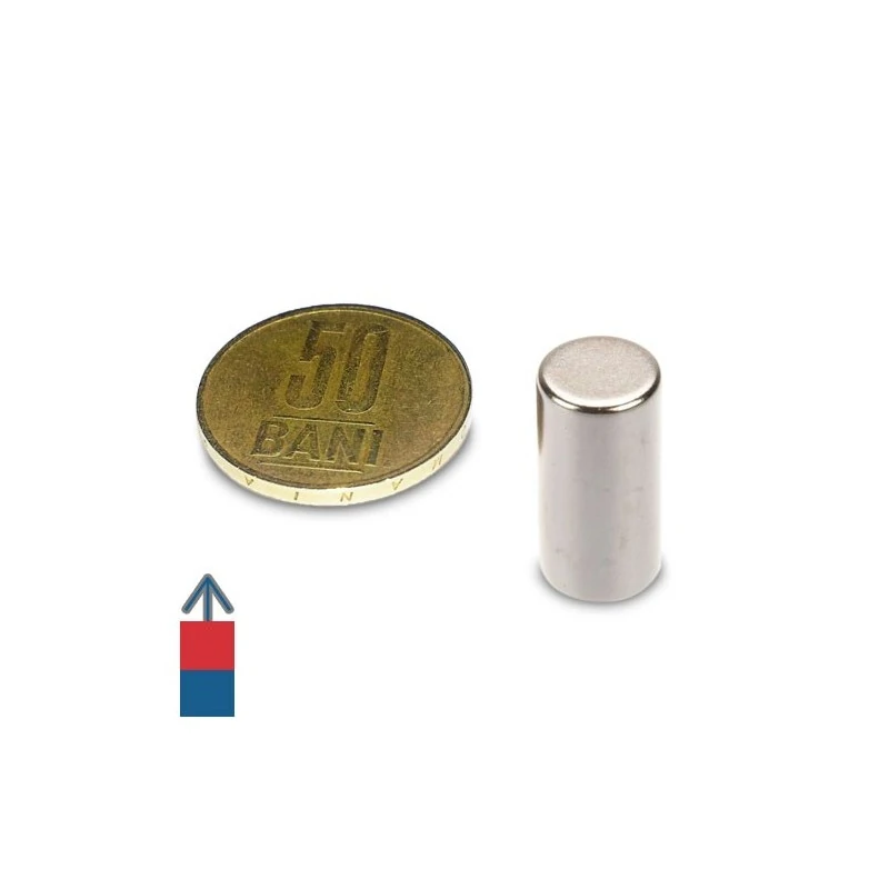 Magnet neodim cilindru 10  x 20 mm cu magnetizare și moneda de 50 bani