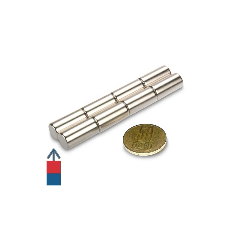 Grup de magneți neodim cilindru 10  x 20 mm cu magnetizare și moneda de 50 bani